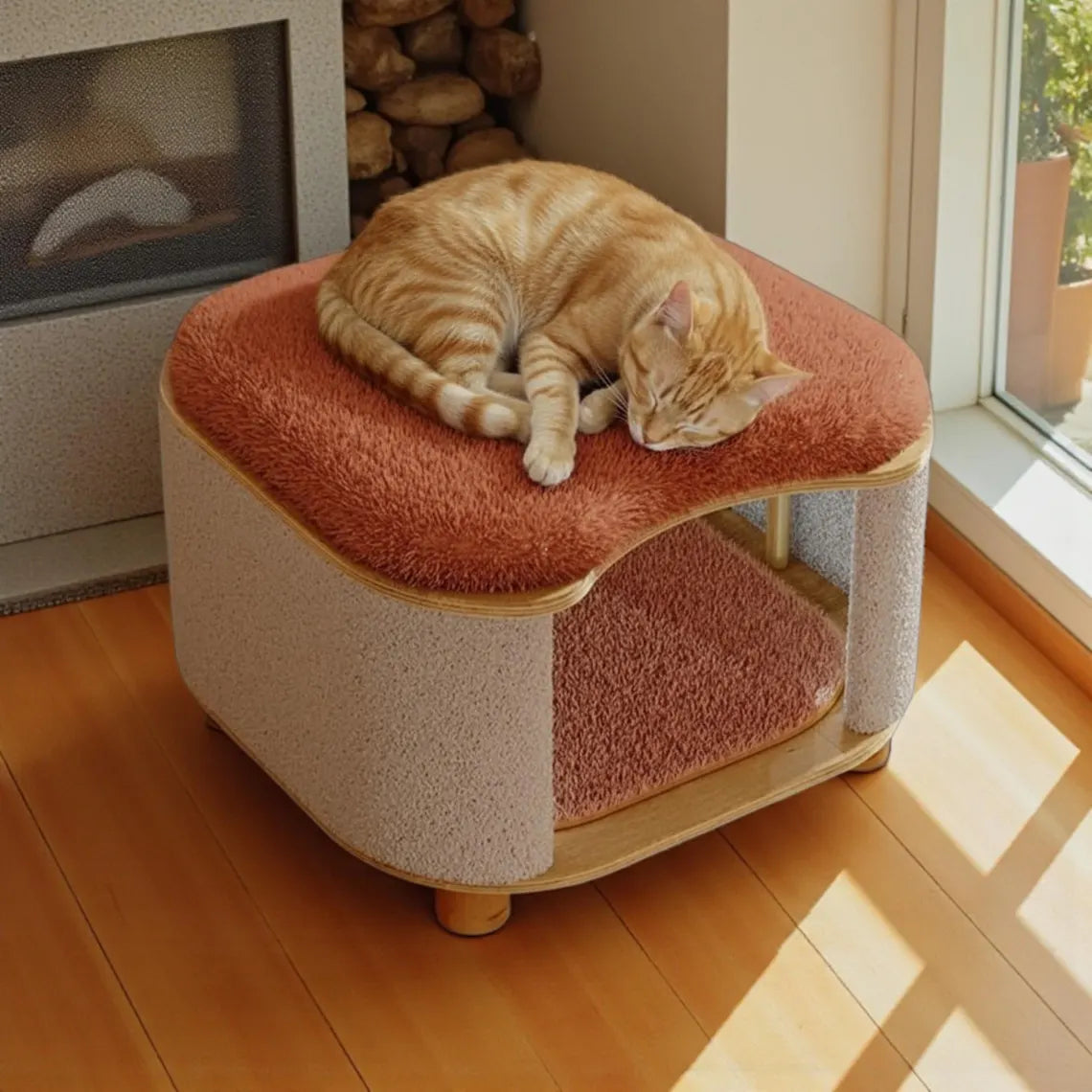 Self Heating Cat House Stool, Warm Cozy Winter Cat Bed, Insulated Wooden Cat Bed Cave, Elevated Cat Furniture, 2 in 1 Cat Hideaway Base