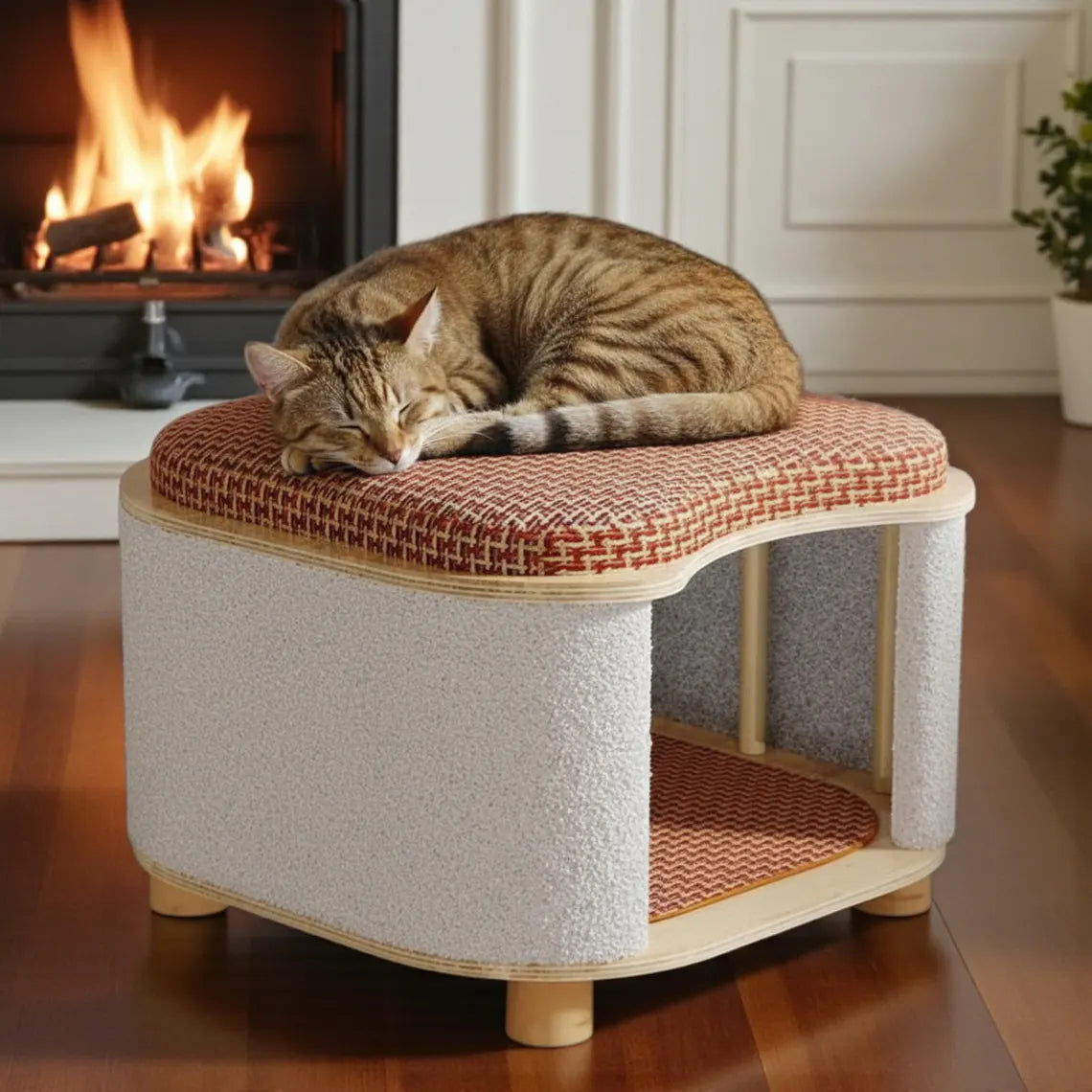Self Heating Cat House Stool, Warm Cozy Winter Cat Bed, Insulated Wooden Cat Bed Cave, Elevated Cat Furniture, 2 in 1 Cat Hideaway Base