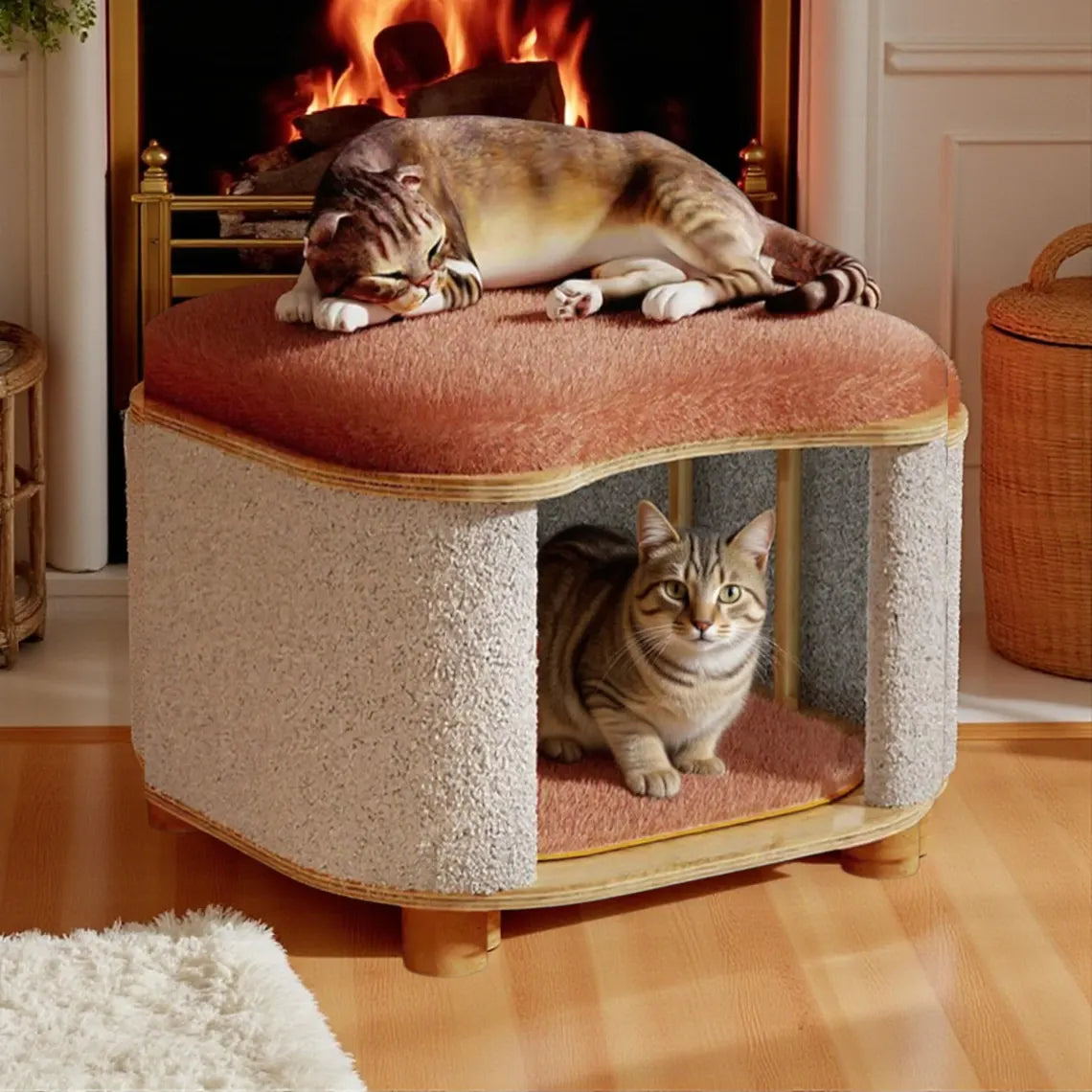 Self Heating Cat House Stool, Warm Cozy Winter Cat Bed, Insulated Wooden Cat Bed Cave, Elevated Cat Furniture, 2 in 1 Cat Hideaway Base