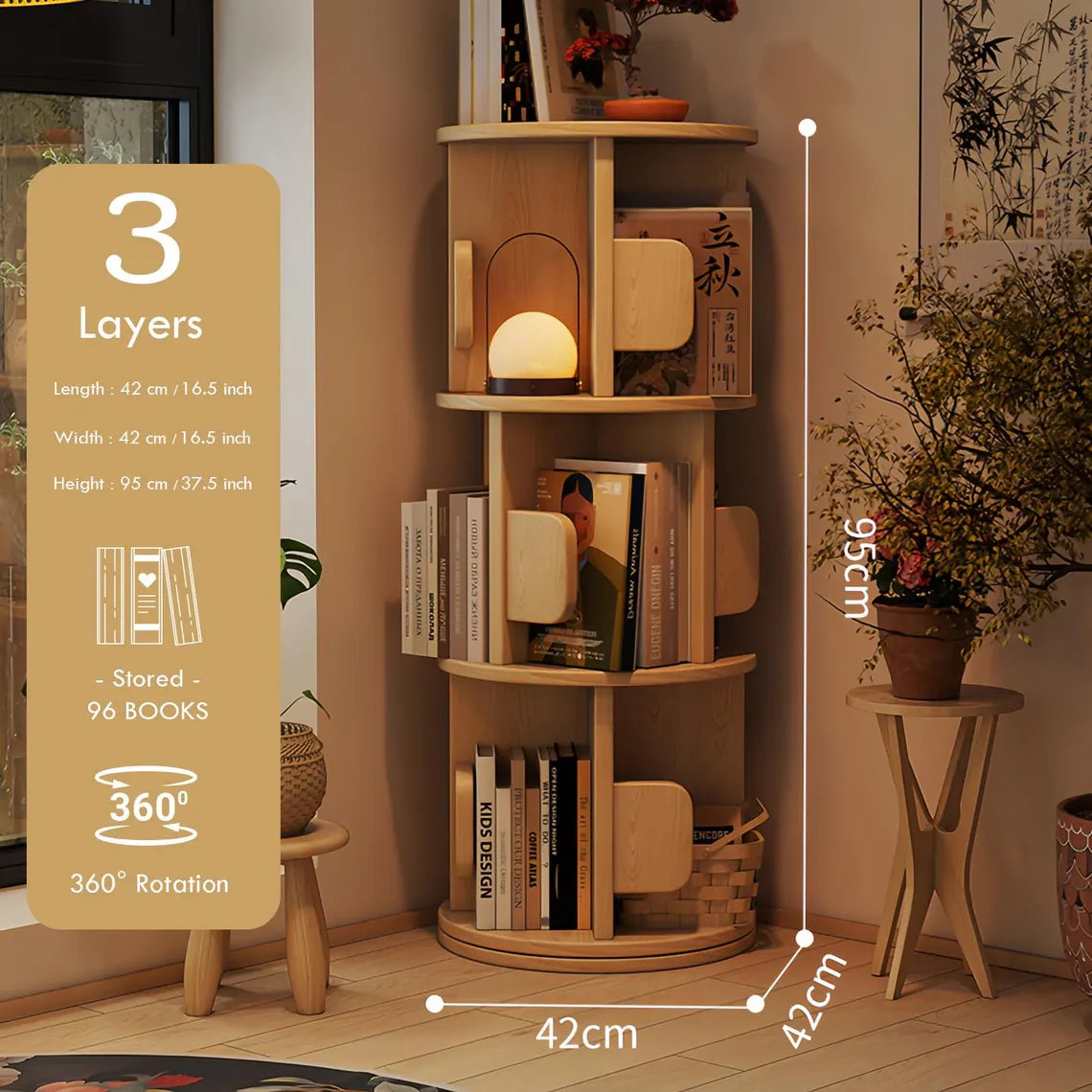 Multi-Tier Wooden Rotating Bookshelf, Round Display Bookcase, Floor Standing Corner Revolving Bookshelf Organizer Storage Rack for Home