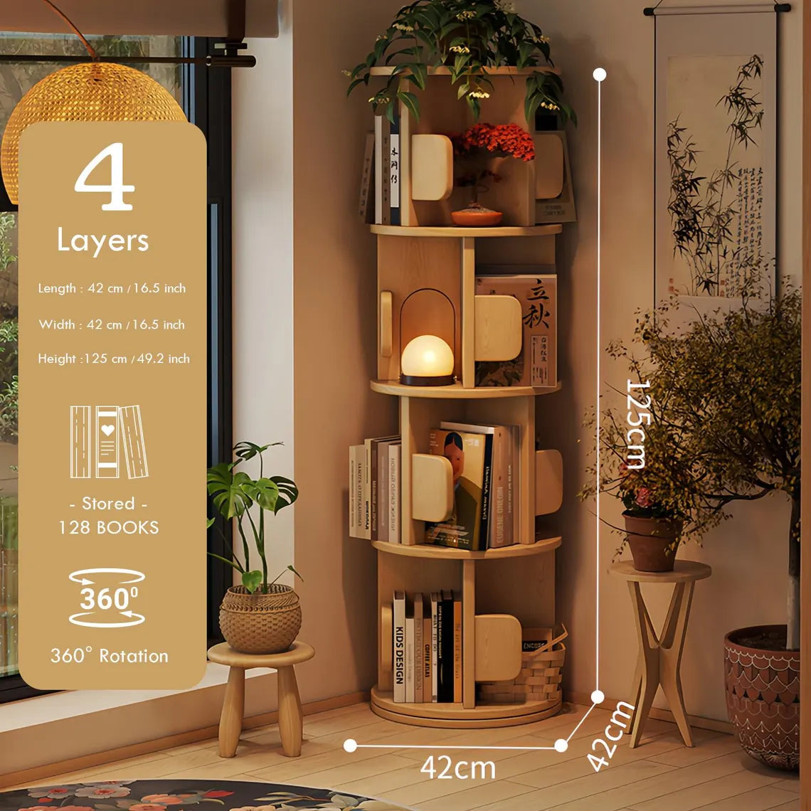 Multi-Tier Wooden Rotating Bookshelf, Round Display Bookcase, Floor Standing Corner Revolving Bookshelf Organizer Storage Rack for Home