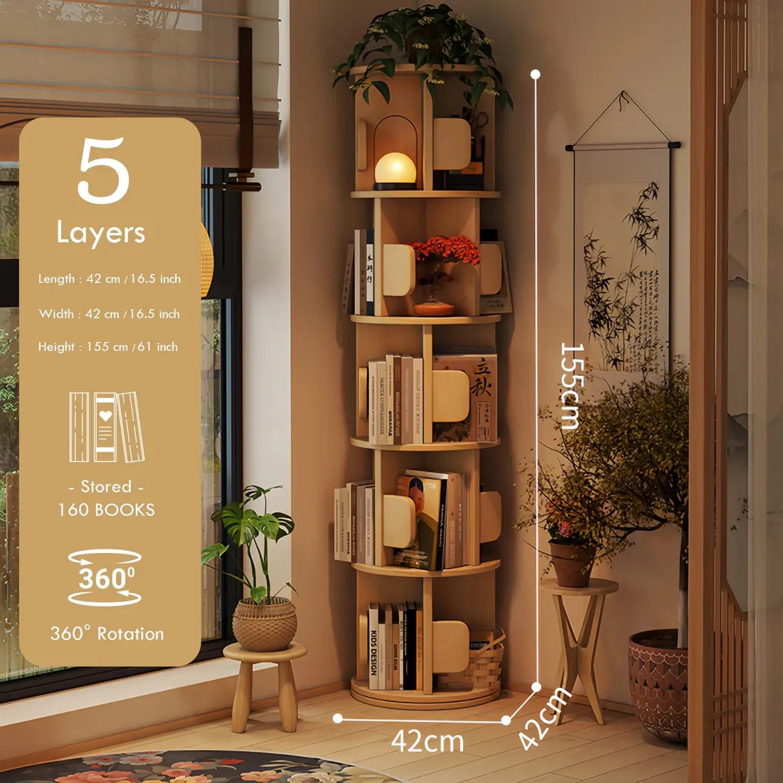 Multi-Tier Wooden Rotating Bookshelf, Round Display Bookcase, Floor Standing Corner Revolving Bookshelf Organizer Storage Rack for Home