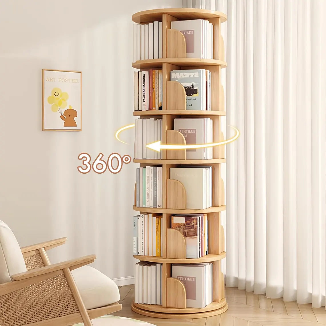 Multi-Tier Wooden Rotating Bookshelf, Round Display Bookcase, Floor Standing Corner Revolving Bookshelf Organizer Storage Rack for Home