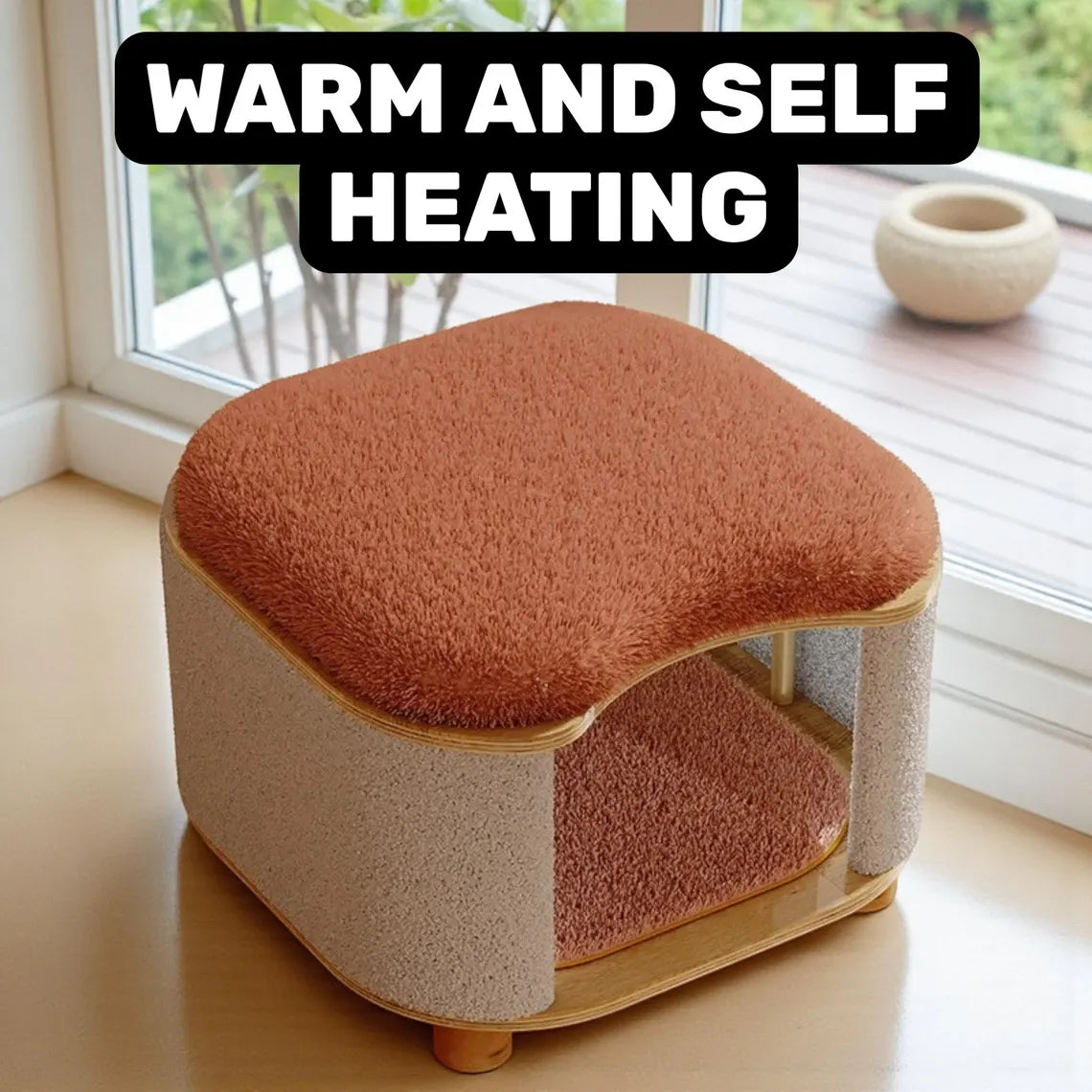 Self Heating Cat House Stool, Warm Cozy Winter Cat Bed, Insulated Wooden Cat Bed Cave, Elevated Cat Furniture, 2 in 1 Cat Hideaway Base