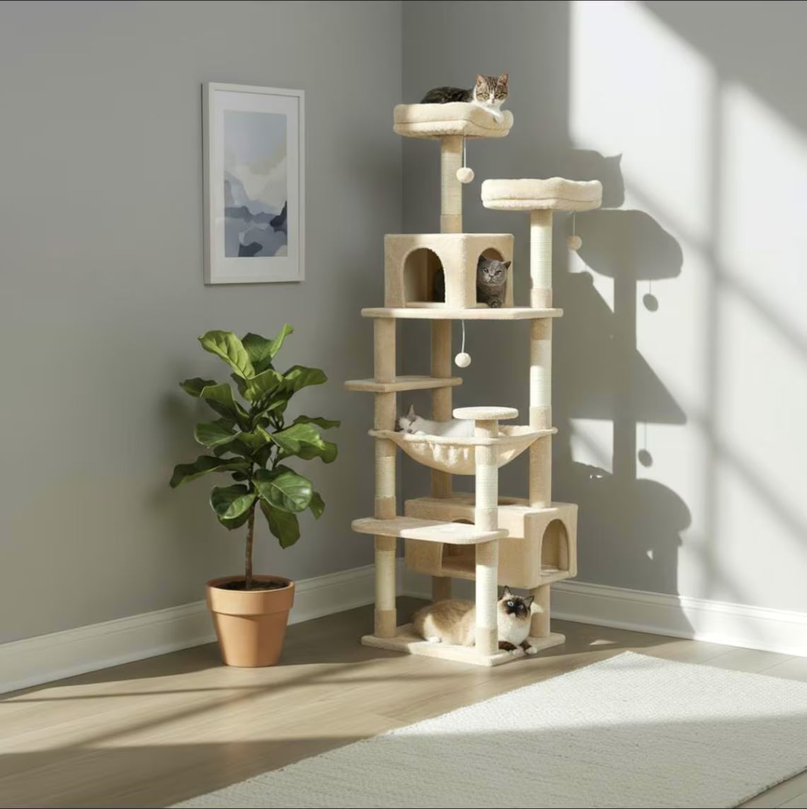 Solid Wood Cat Tree for Large Cats | Modern Wooden Cat Tower with Hammock & Condos | Minimalist Luxury Cat Furniture for Indoor Use