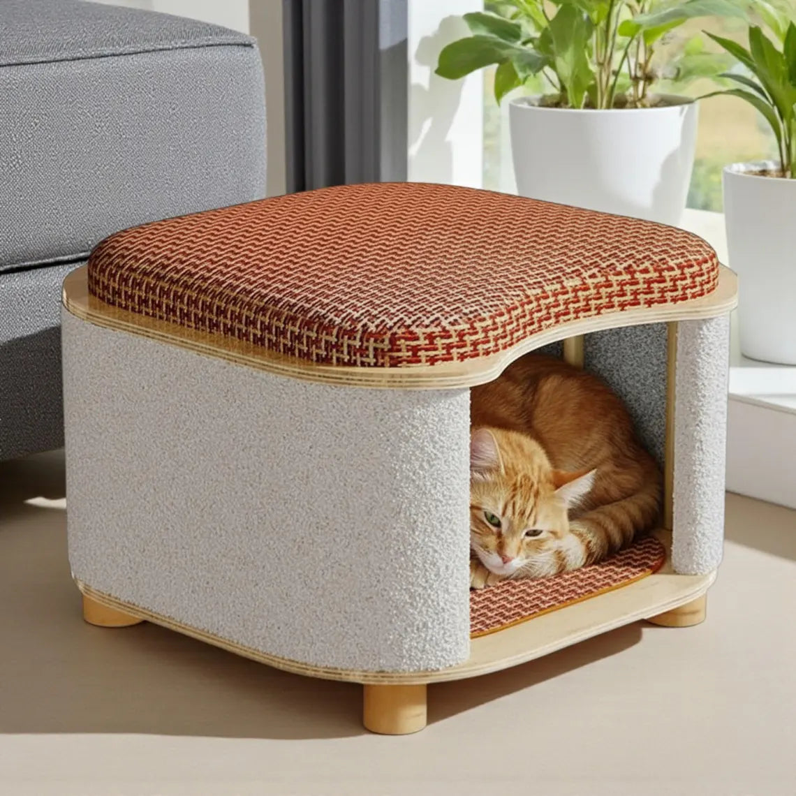 Self Heating Cat House Stool, Warm Cozy Winter Cat Bed, Insulated Wooden Cat Bed Cave, Elevated Cat Furniture, 2 in 1 Cat Hideaway Base