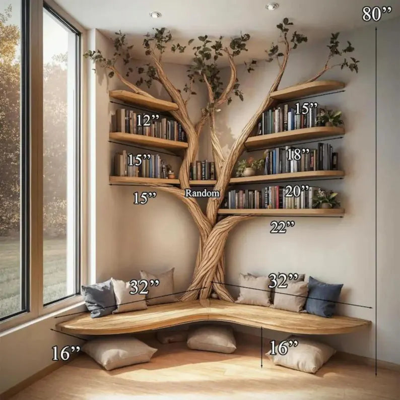 Rustic Tree Branch Floating Corner Shelf – Handmade Pine L-Shaped Wall Shelf, Natural Wood Corner Bench, Rustic Home Decor