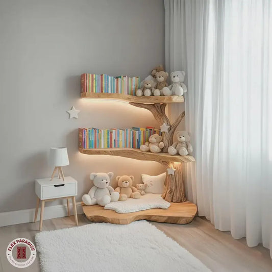 Rustic Corner Tree Bookshelf Solid Wood Nursery Bookcase 45"H x 40"W Kids Bedroom Decor Reading Nook Storage